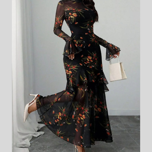Floral Print Flounce Sleeve Mermaid Maxi Dress