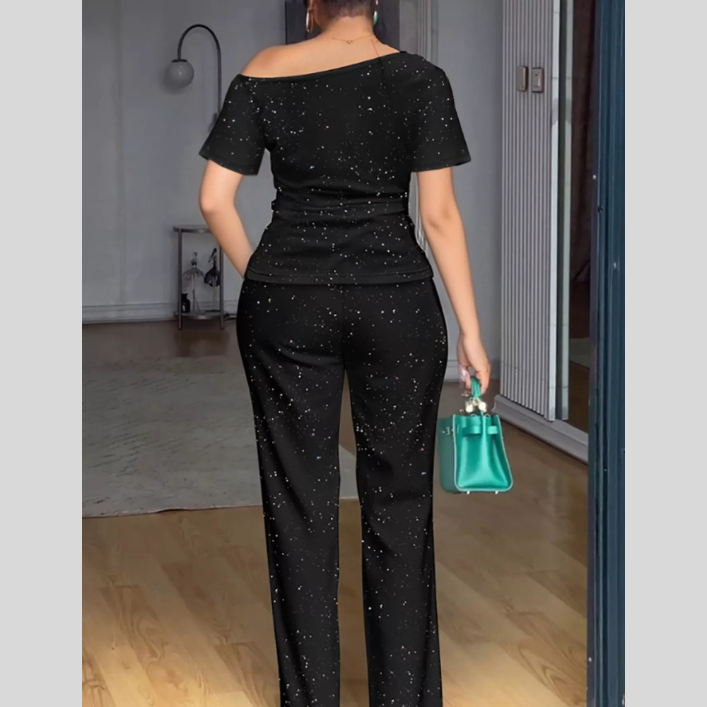 Full Size Glitter Off-Shoulder Short Sleeve Top and Pants Set Plus Size