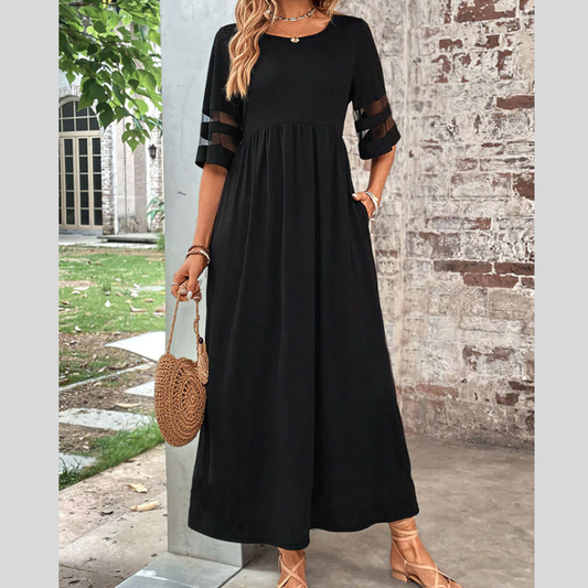 Plus Size Mesh Sleeve Round Neck Dress with Pockets
