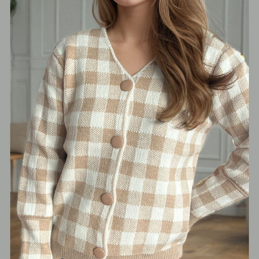 Plaid V-Neck Button Up Cardigan