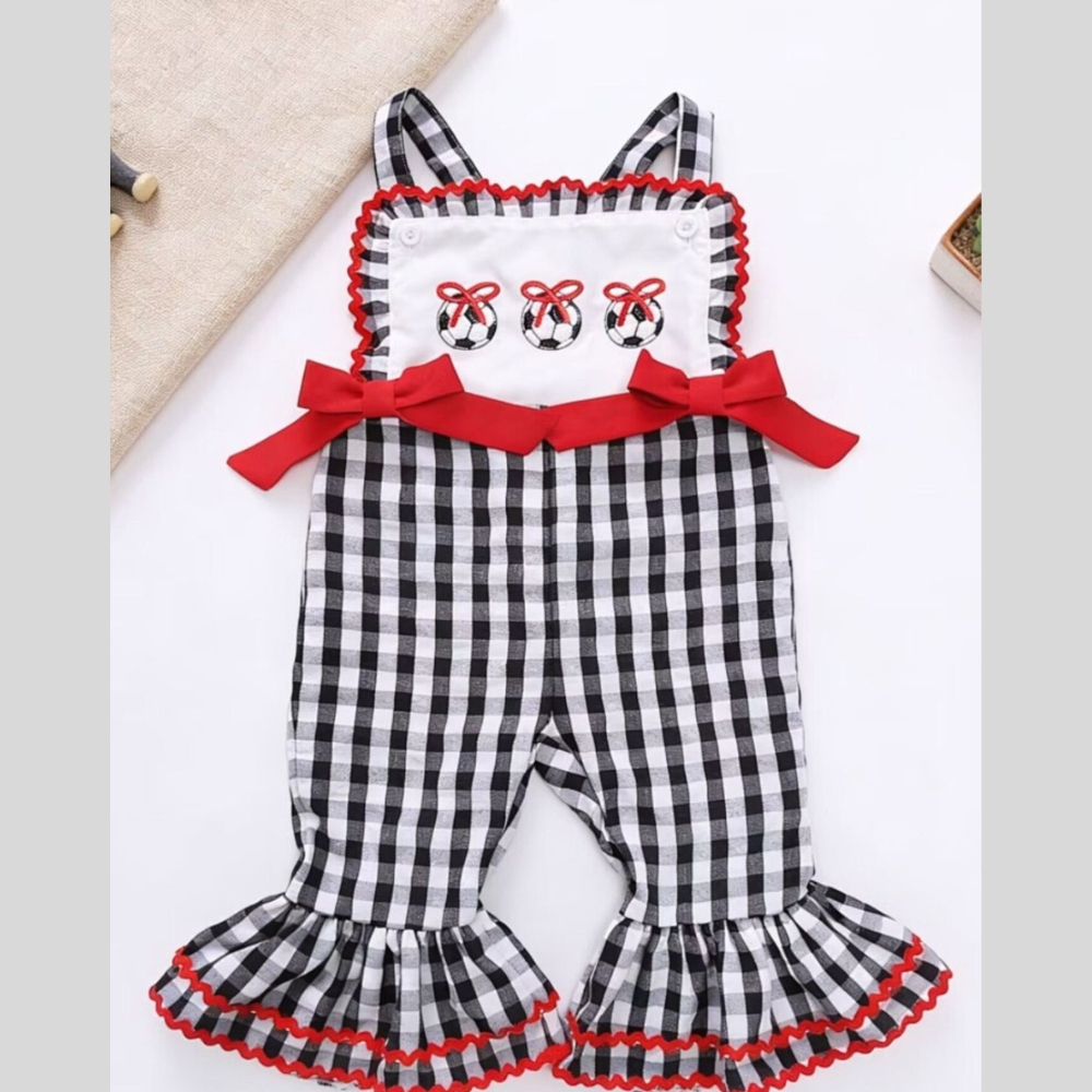 Children's Gingham Soccer Ball Embroidered Ruffle Hem Jumpsuit