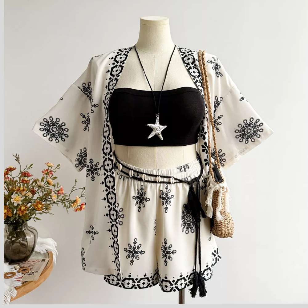 Plus Size Printed Open Front Cardigan and Shorts Set