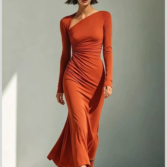 Asymmetrical Neck Ruched Long-Sleeve Dress