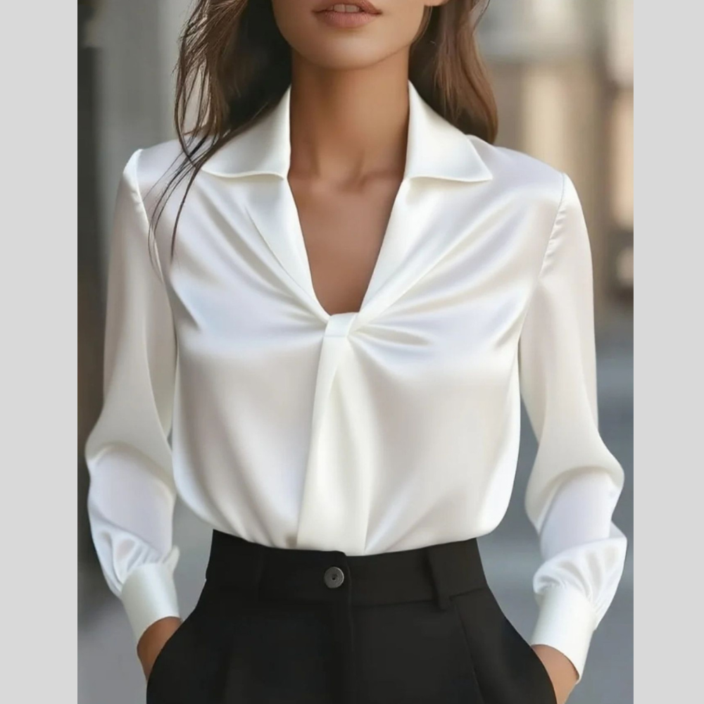 Ruched Collared Neck Long Sleeve Blouse