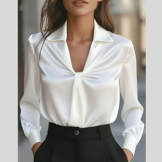 Ruched Collared Neck Long Sleeve Blouse