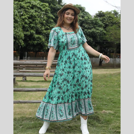 Plus Size Floral Print Square Neck Maxi Dress