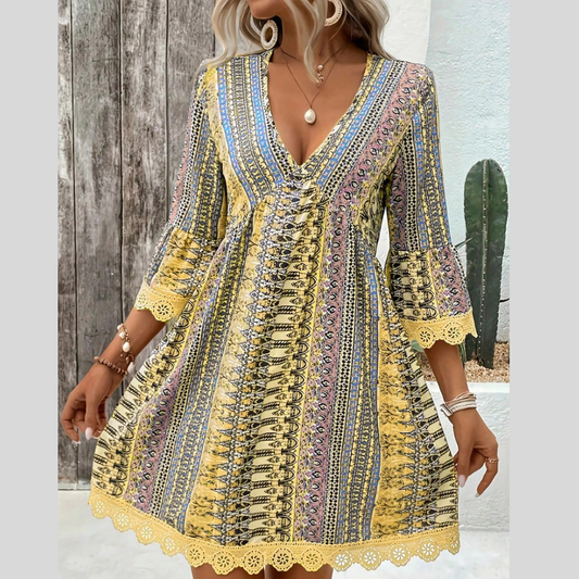 Printed V-Neck A-Line Dress