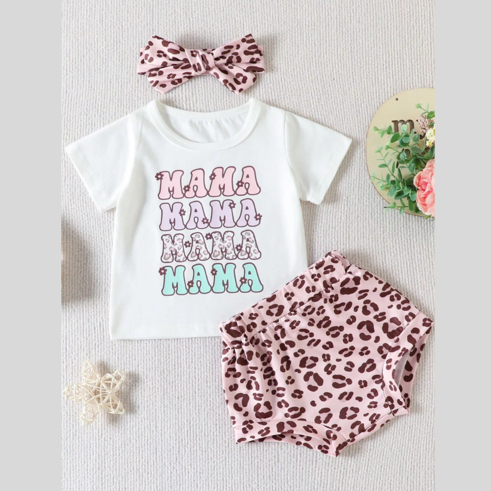 Children's Mama Graphic Tee and Leopard Shorts Set with Headband