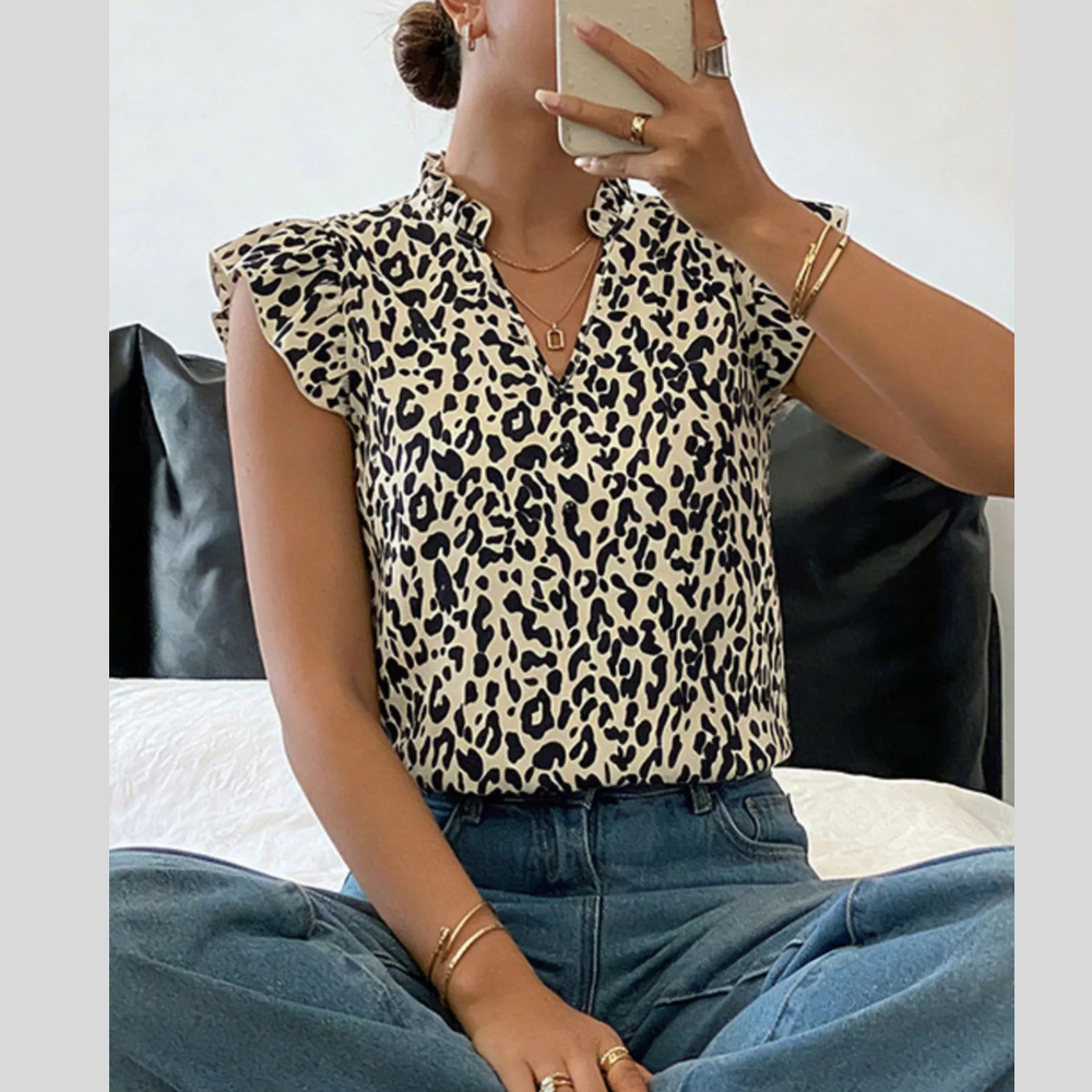 Leopard Print Ruffle Sleeve Blouse