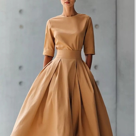 Round Neck A-Line Midi Dress