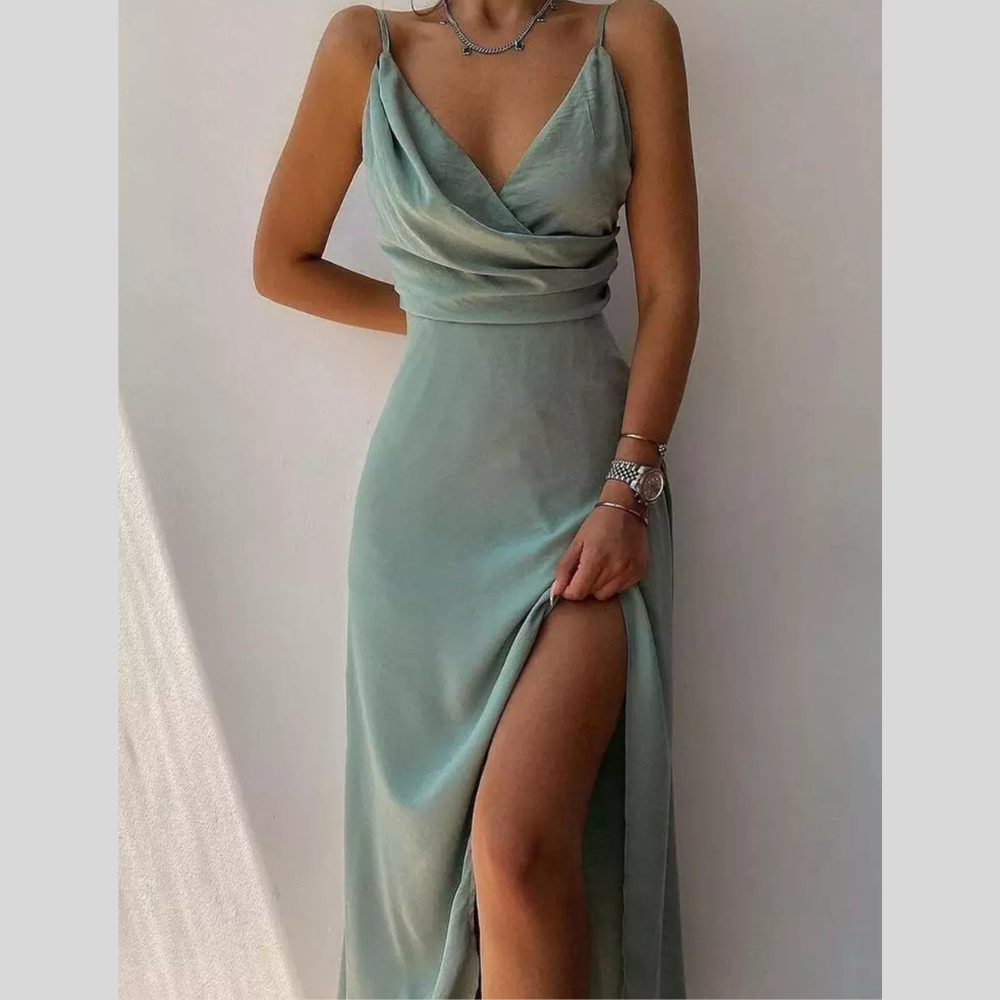 Ruched Slit Spaghetti Strap Dress