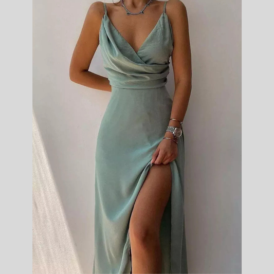 Ruched Slit Spaghetti Strap Dress