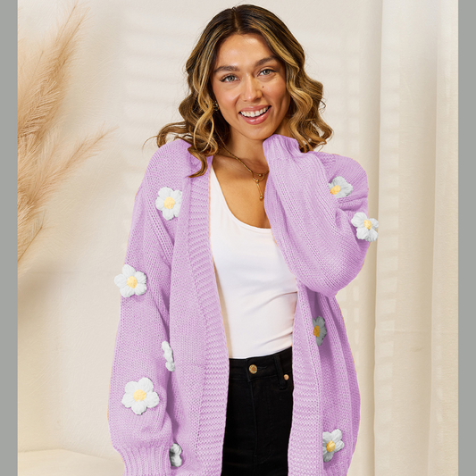 Angel Wings Flower Dropped Shoulder Open Front Cardigan