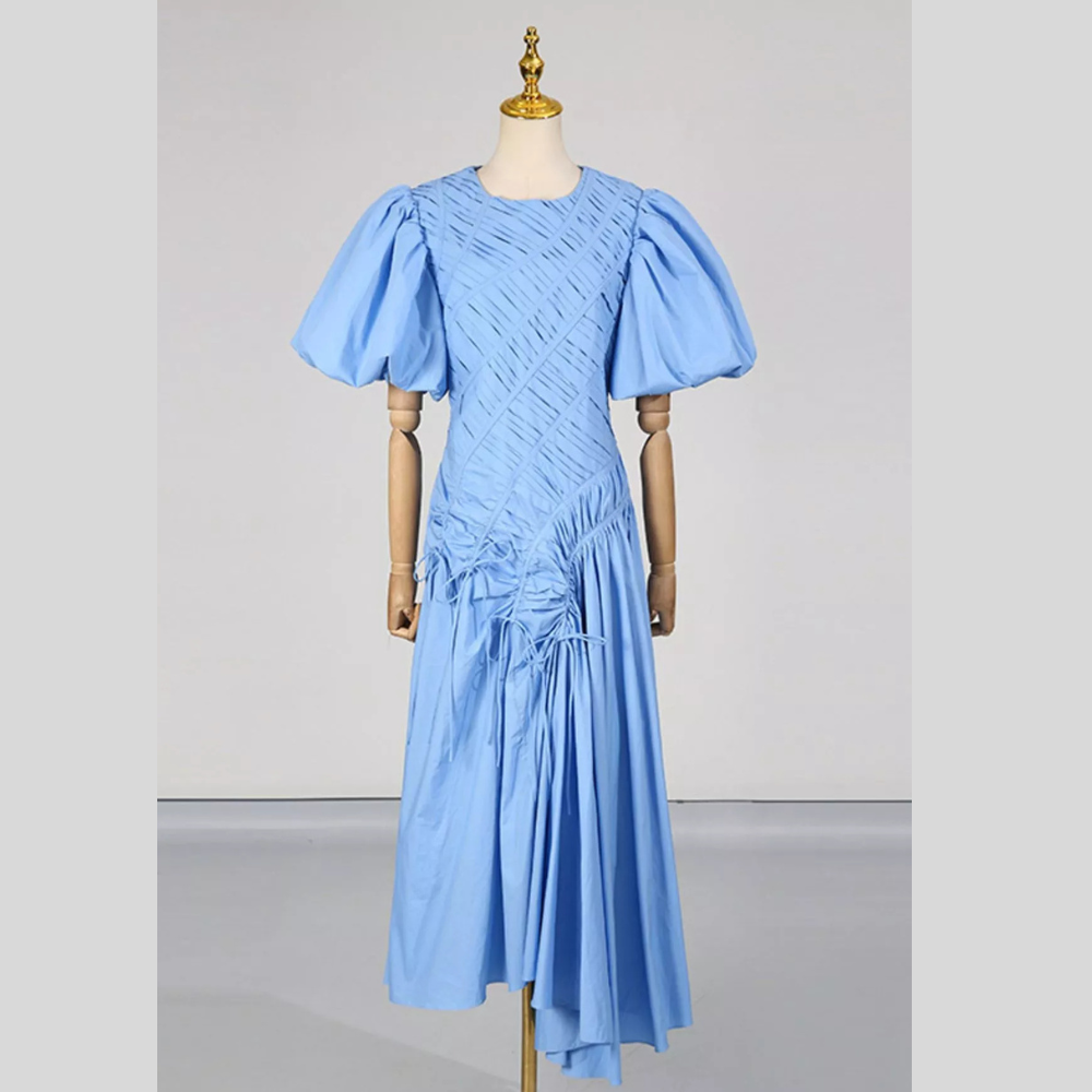 Puff Sleeve Ruched Midi Dress