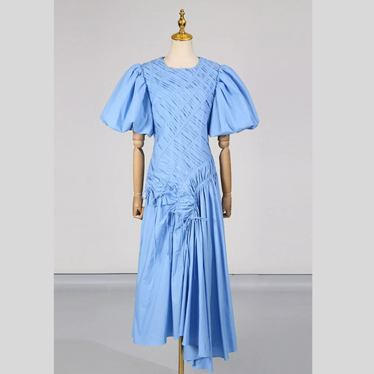 Puff Sleeve Ruched Midi Dress