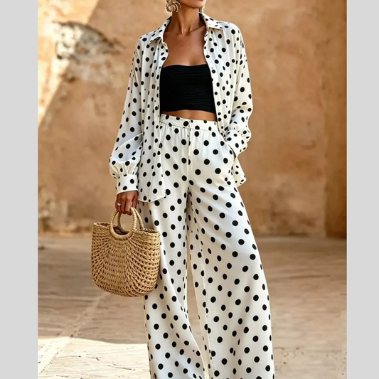 Full Size Polka Dot Shirt and Wide-Leg Pants Set Plus Size