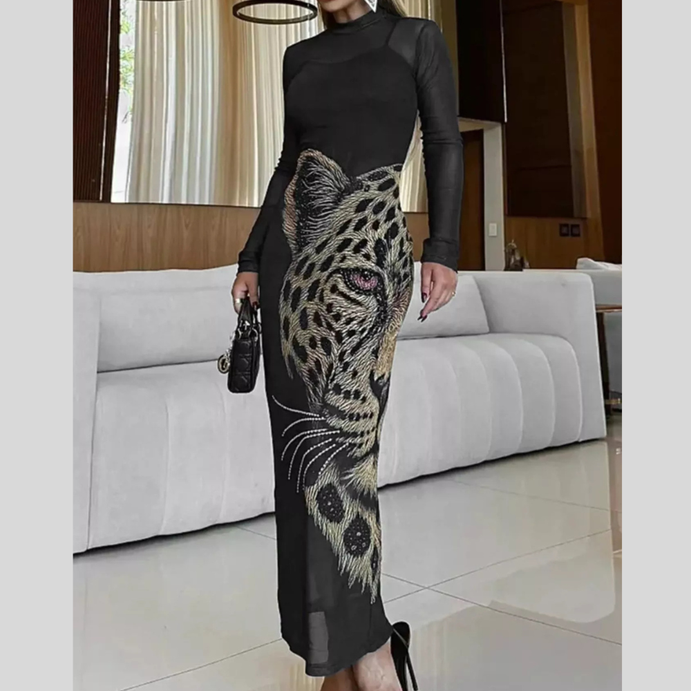 Leopard Print Mesh Long Sleeve Maxi Dress