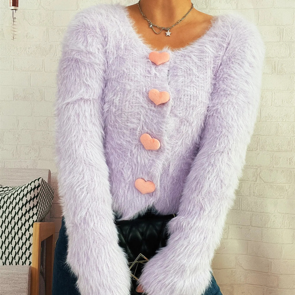 Fuzzy Heart Shape Button-Up Cardigan