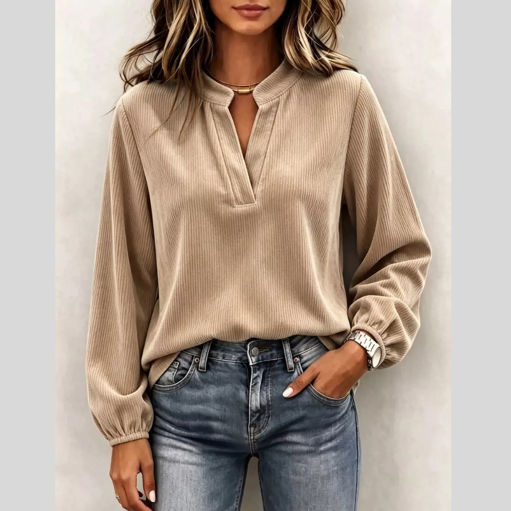 Full Size Corduroy Notched Long Sleeve Top Plus Size