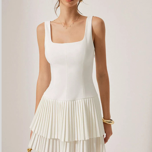 Square Neck Pleated Mini Dress
