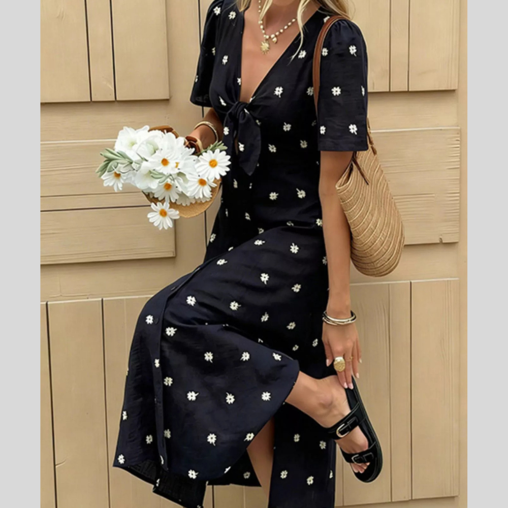 Daisy Print Tie-Front Midi Dress