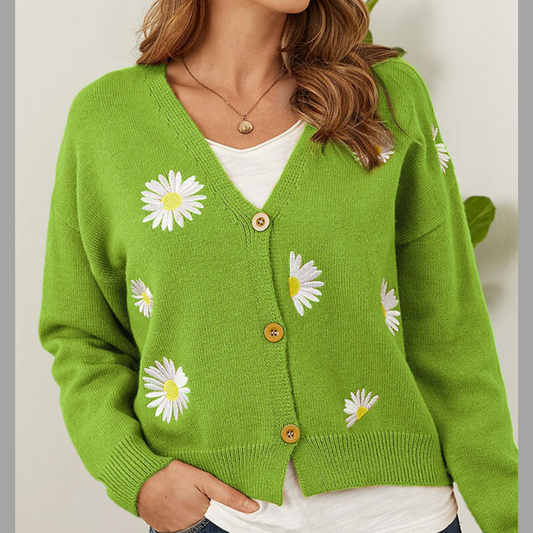 Flower Button Front Dropped Shoulder Cardigan
