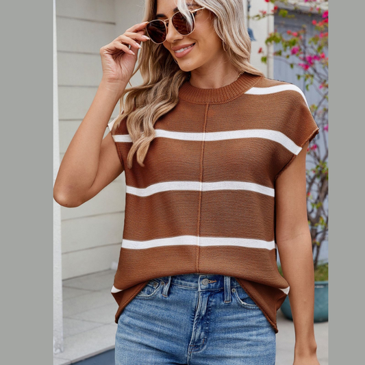 Exposed seam Contrast Striped Round Neck Knit Top