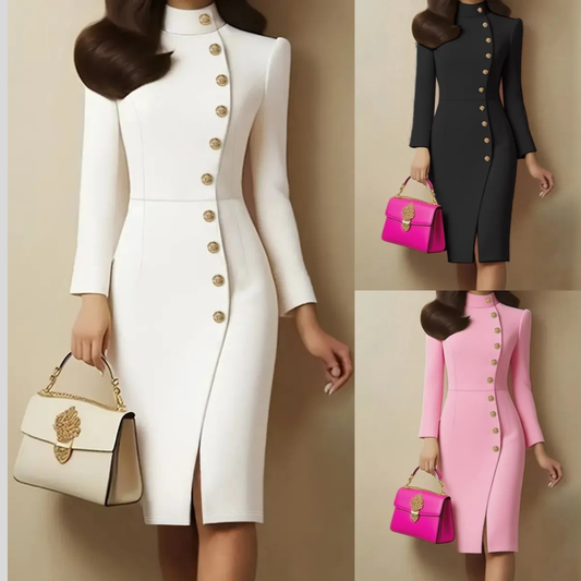 Fall Fashion Long Sleeve Stand-up Collar Slim Fit Metal Button Split Dress