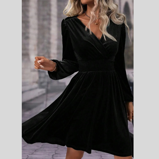 Surplice Long Sleeve Velvet Dress