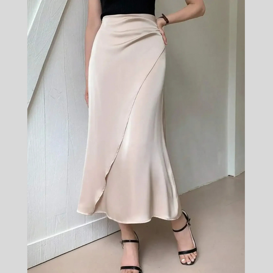 Asymmetric Wrap Midi Skirt with Fluted Hem