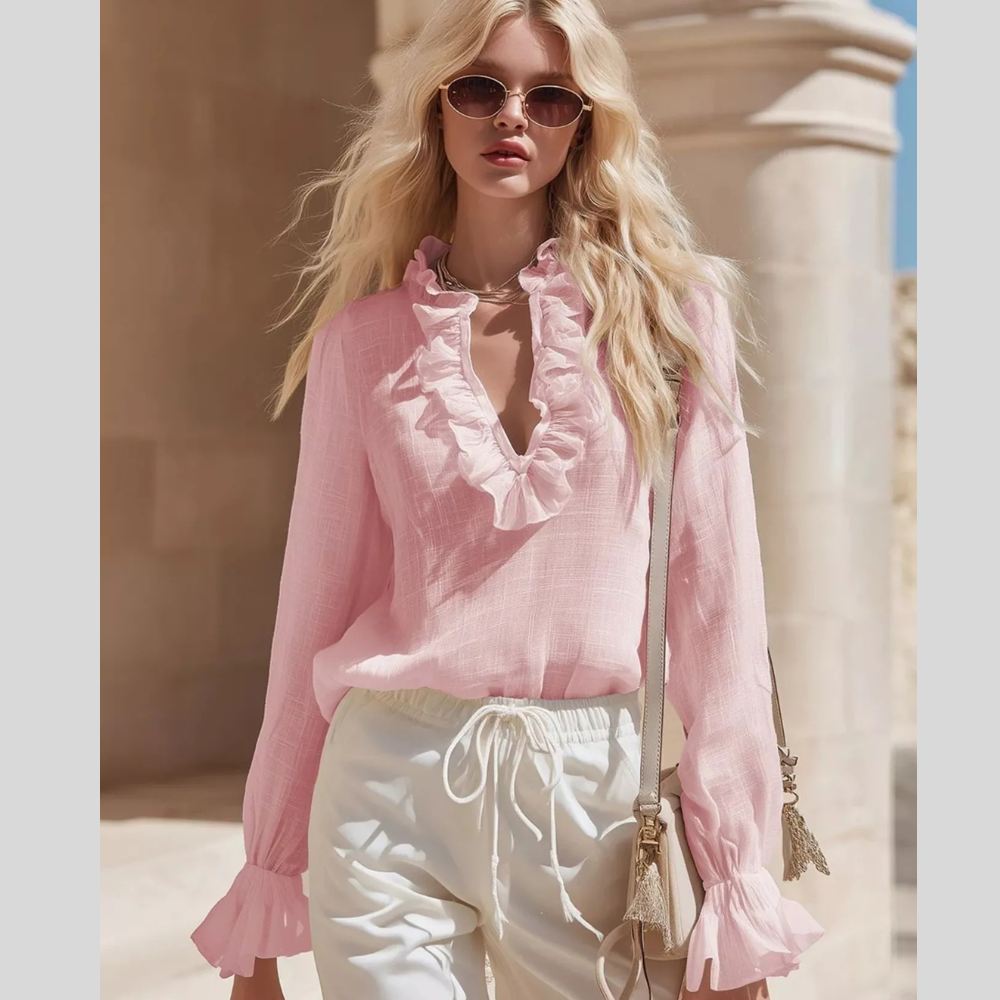 Ruffled V-Neck Long Sleeve Blouse