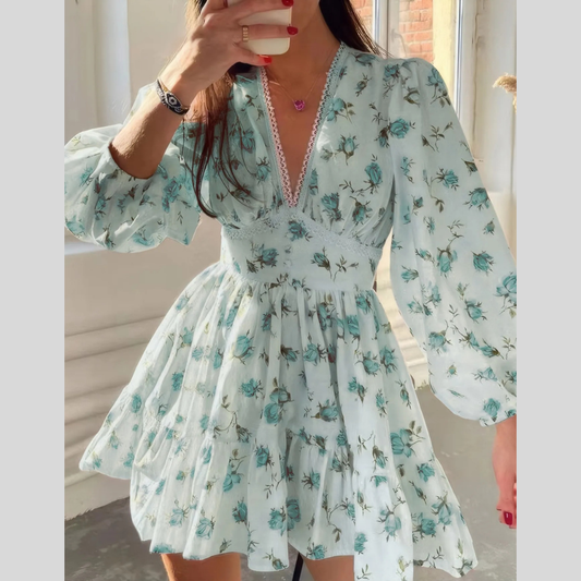 Full Size Floral Print Lace Detail V-Neck Mini Dress Plus SIze