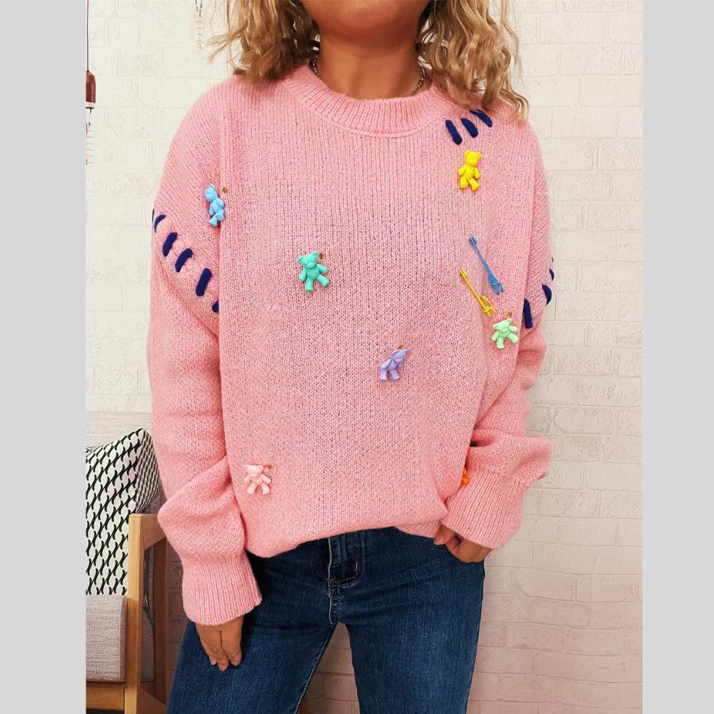 Bear Decoration Round Neck Sweater