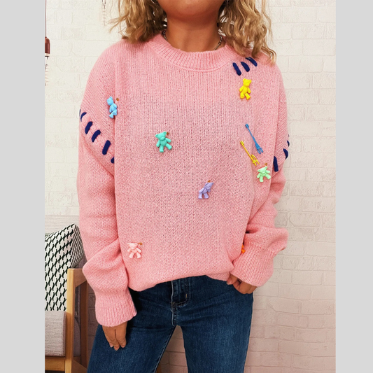 Bear Decoration Round Neck Sweater