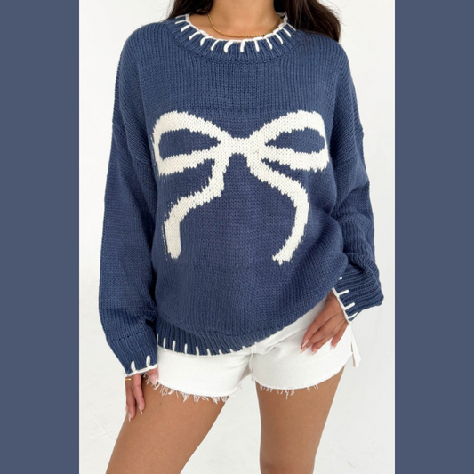 Bow Graphic Round Neck Long Sleeve Sweater