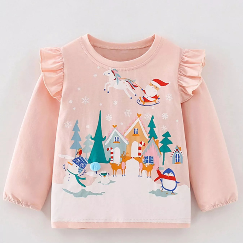 Children's Christmas Print Ruffle Long Sleeve T-Shirt