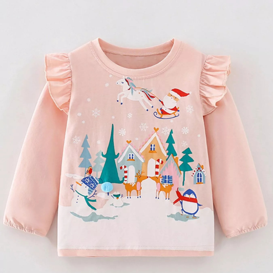 Children's Christmas Print Ruffle Long Sleeve T-Shirt