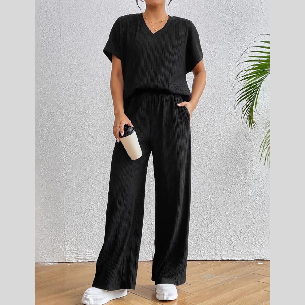 V-Neck Short Sleeve Top and Pants Set