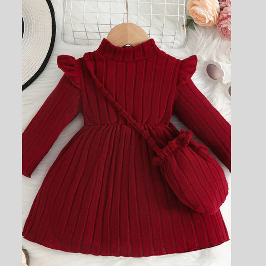Children's Ribbed Knit Ruffle Trim Dress with Bag