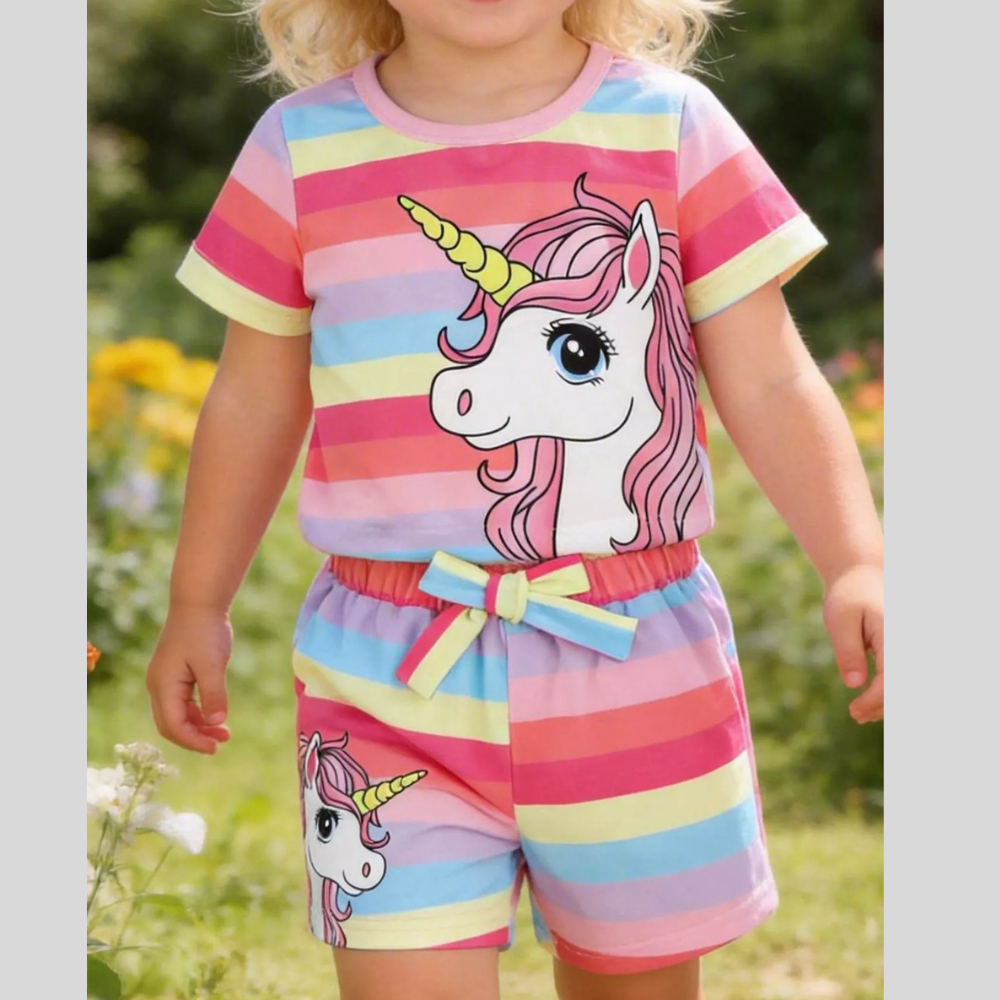 Children's Rainbow Striped Unicorn T-Shirt and Shorts Set