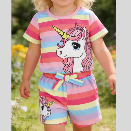 Children's Rainbow Striped Unicorn T-Shirt and Shorts Set