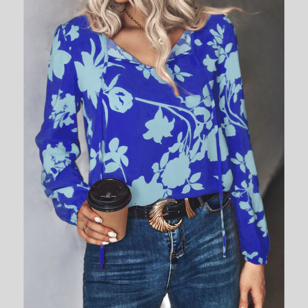 Printed Tie Neck Long Sleeve Blouse