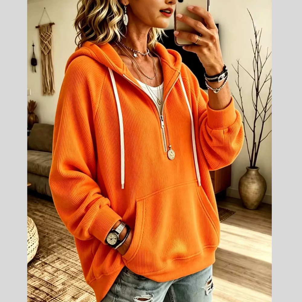 Ribbed Knit Quarter-Zip Hoodie with Kangaroo Pocket