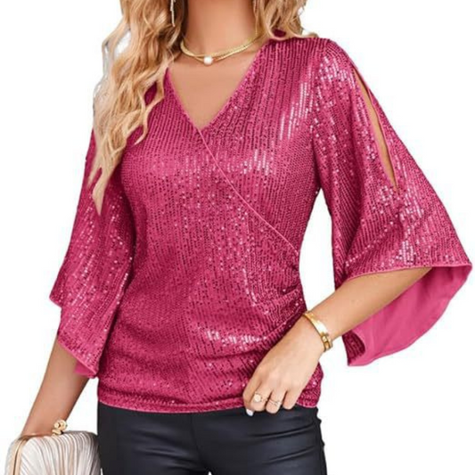 New Women's Sequined Bell Sleeve Top