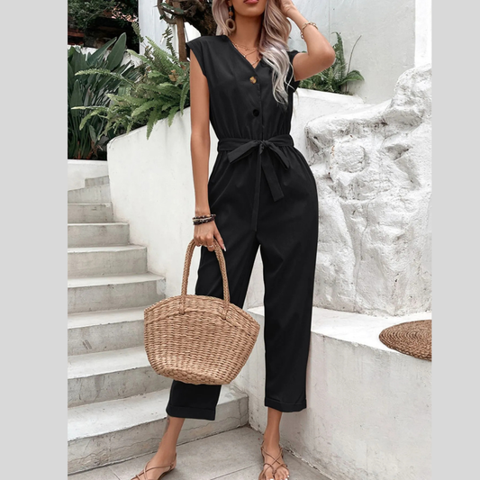 Button-Front Tie Waist Jumpsuit