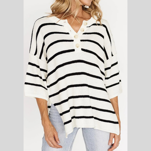 Stripe Drop Shoulder Side Slit Knit Top