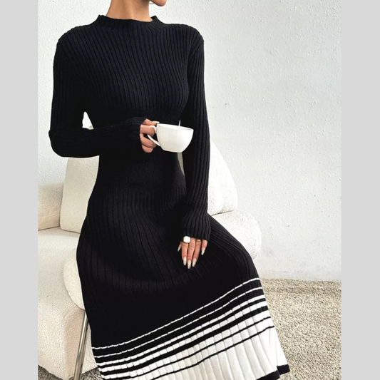 Ribbed Knit Sweater Dress with Striped Hem