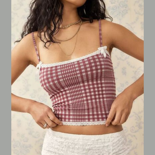 Lace Detail Plaid Square Neck Cami