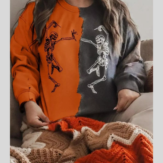 Halloween Skeleton Print Color Block Sweatshirt