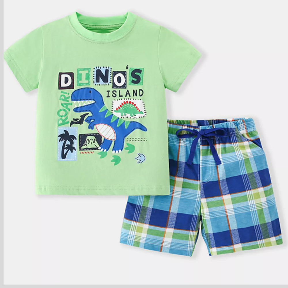 Children's Dino Island Graphic T-shirt and Plaid Shorts Set